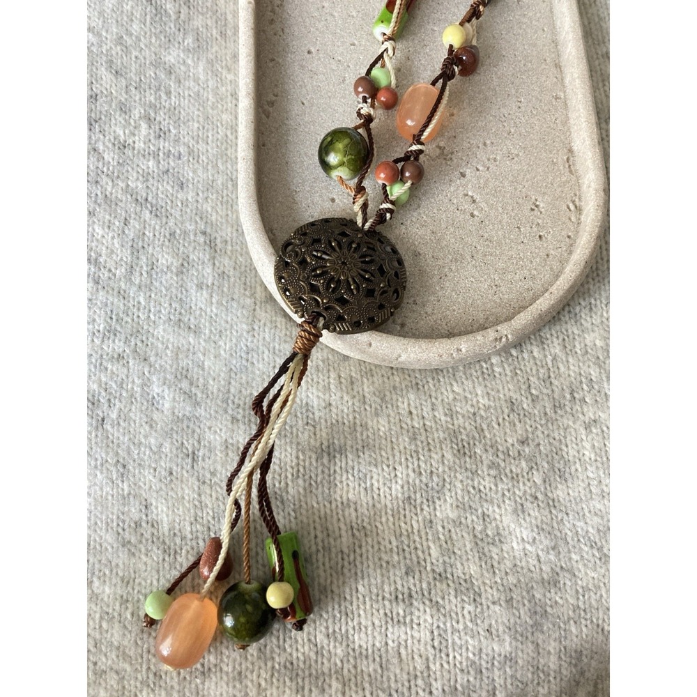 Bohemian Beaded Cord Necklace Filigree Disc Earthy Tassel Statement Artisan